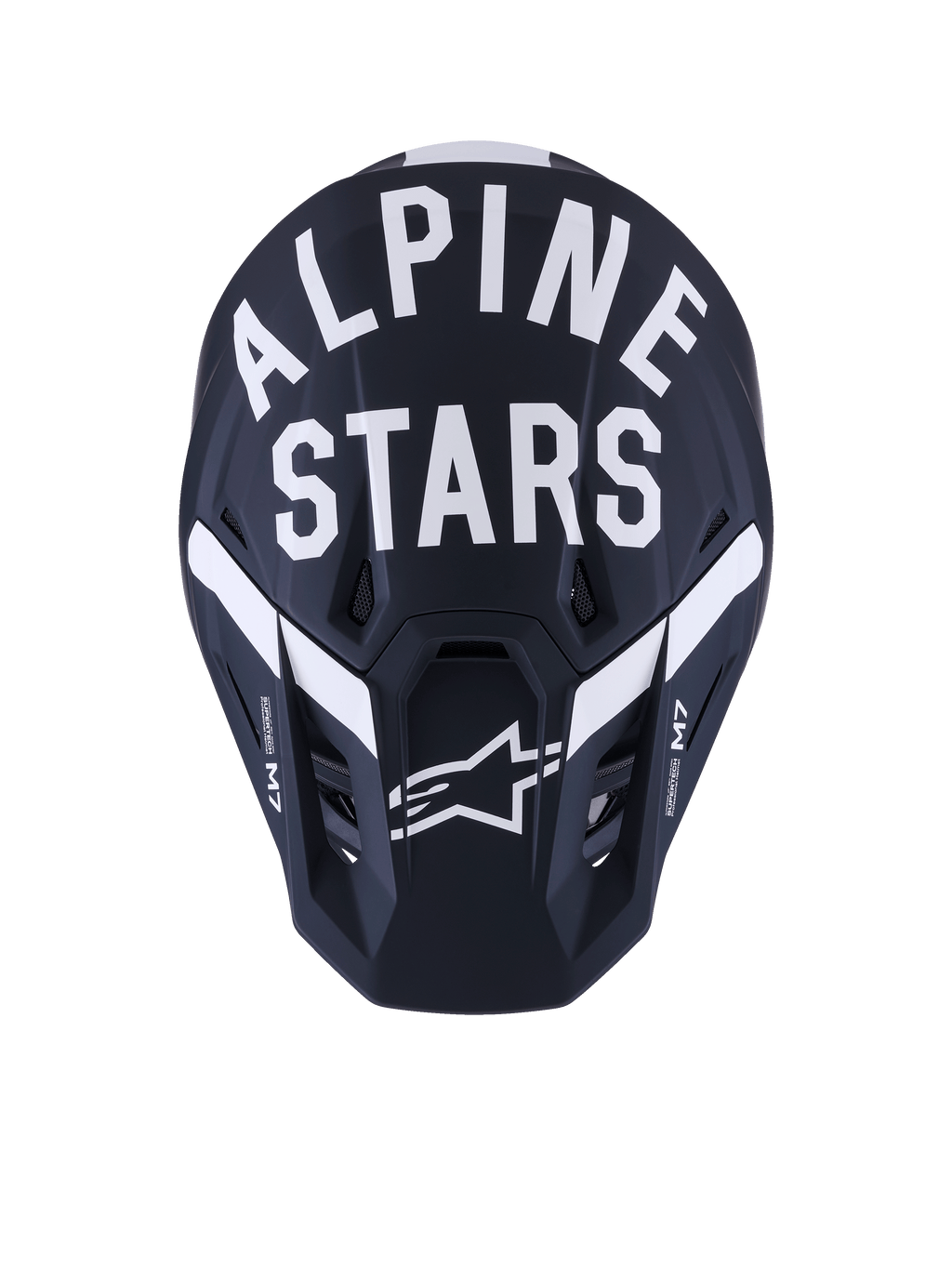 Alpinestars S-M7 Dasher-hjälm, motocrosshjälm, mattsvart och vit, vy framifrån med stor vit Alpinestars-text och stjärnlogotyp, kompositskal med matt finish och ventilationsöppningar, professionell utrustning för terrängkörning
