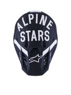 Alpinestars S-M7 Dasher-hjälm, motocrosshjälm, mattsvart och vit, vy framifrån med stor vit Alpinestars-text och stjärnlogotyp, kompositskal med matt finish och ventilationsöppningar, professionell utrustning för terrängkörning
