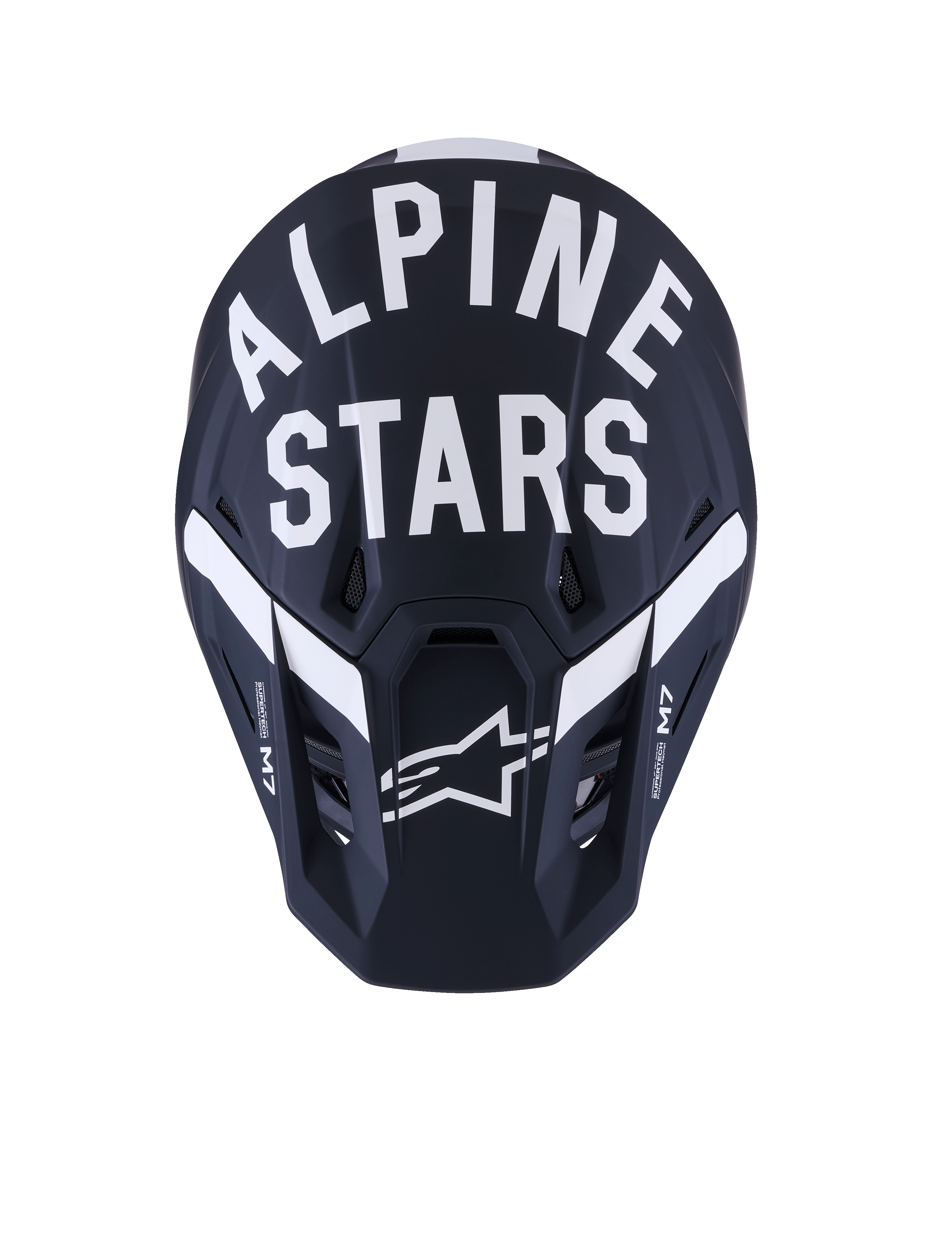 Alpinestars S-M7 Dasher-hjälm, motocrosshjälm, mattsvart och vit, vy framifrån med stor vit Alpinestars-text och stjärnlogotyp, kompositskal med matt finish och ventilationsöppningar, professionell utrustning för terrängkörning