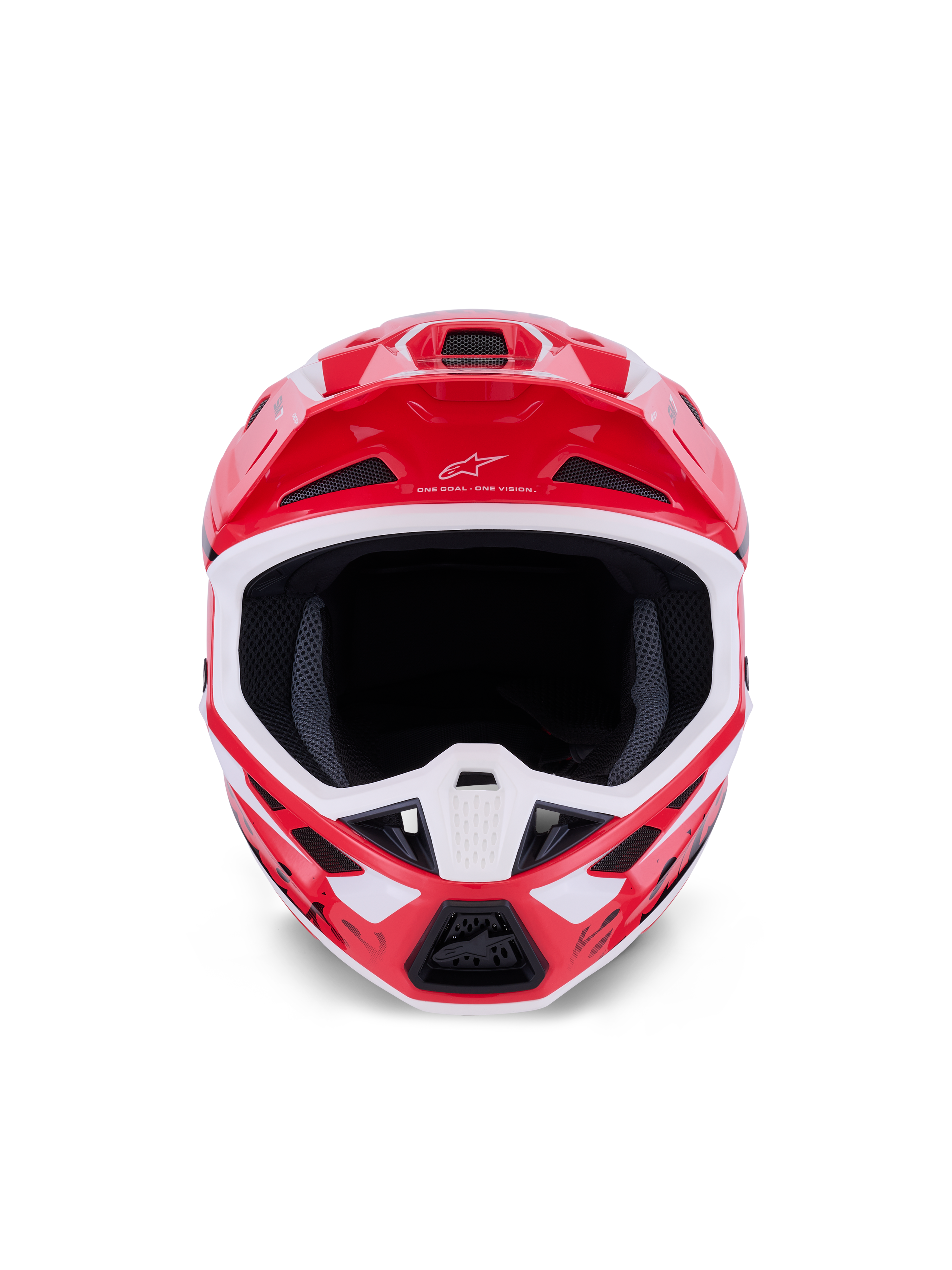 Alpinestars S-M7 Deed Helmet, Motocross Helmet, Red Black and White Glossy, front view showing the large eye port and ventilated chin bar, featuring the Alpinestars logo and motto on the visor, designed for off-road racing protection