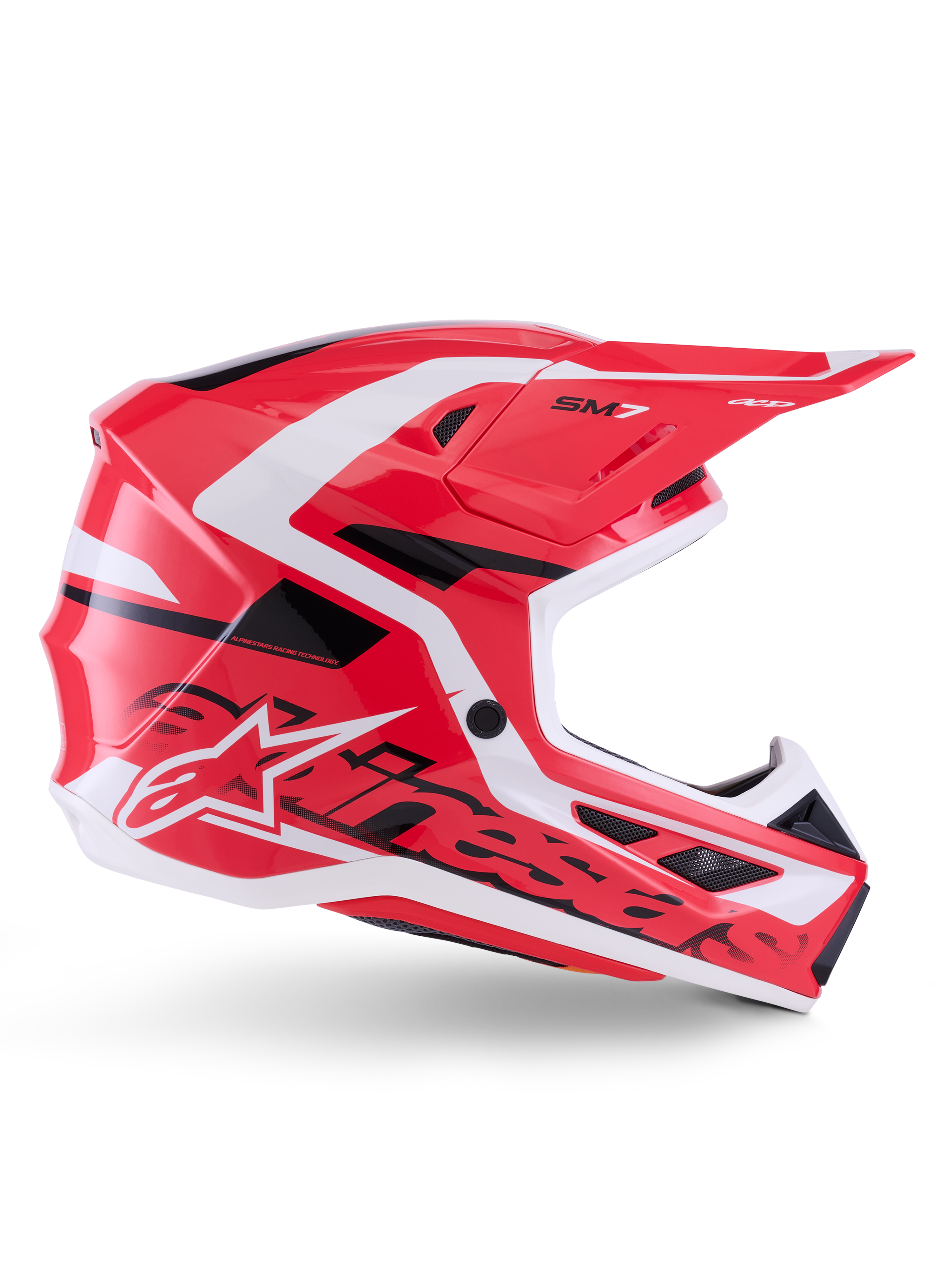 Alpinestars S-M7 Deed-hjälm, motocrosshjälm, röd, svart och vit glansig, profilvy från sidan, med framträdande Alpinestars-logotyp och SM7-logotyp, aerodynamiskt kompositskal med flera ventilationsöppningar, designad för terräng- och motocrosskörning