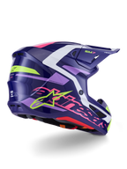 Alpinestars S-M7 Deed Helmet, motocrosshjälm, lila och rosa med glansig finish, vy från sidan och bakifrån med vita och limegröna detaljer, framträdande rosa Alpinestars-logotyp och stjärna, aerodynamisk kompositskaldesign för terrängkörning