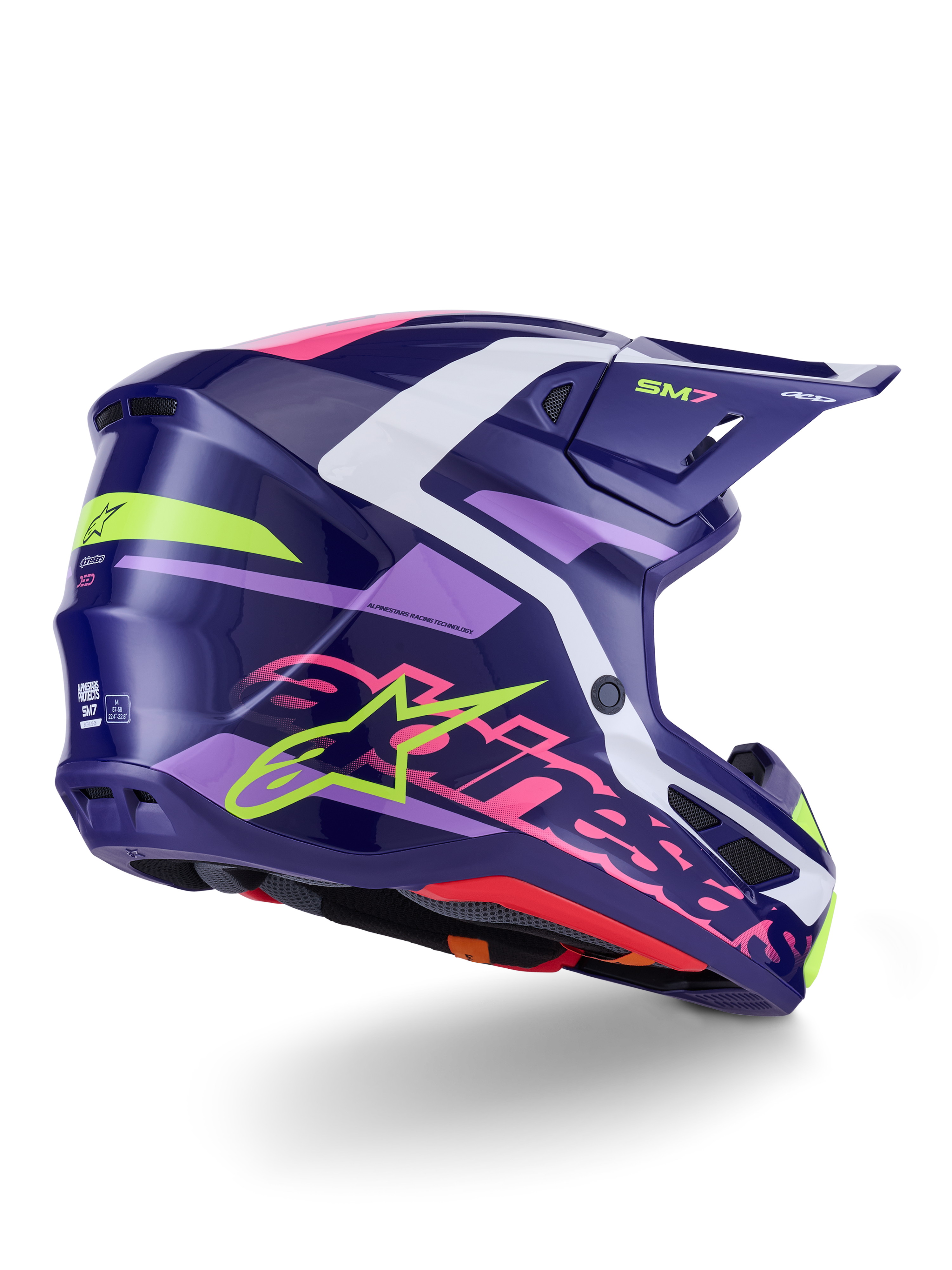 Alpinestars S-M7 Deed Helmet, motocrosshjälm, lila och rosa med glansig finish, vy från sidan och bakifrån med vita och limegröna detaljer, framträdande rosa Alpinestars-logotyp och stjärna, aerodynamisk kompositskaldesign för terrängkörning