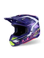 Alpinestars S-M7 Deed hjälm, motocrosshjälm, Purple Pink Glossy, mörklila bas med detaljer i neongult, rosa och vitt, aerodynamisk design med integrerade ventilationsöppningar och en framträdande skärm, högpresterande huvudskydd för terrängkörning
