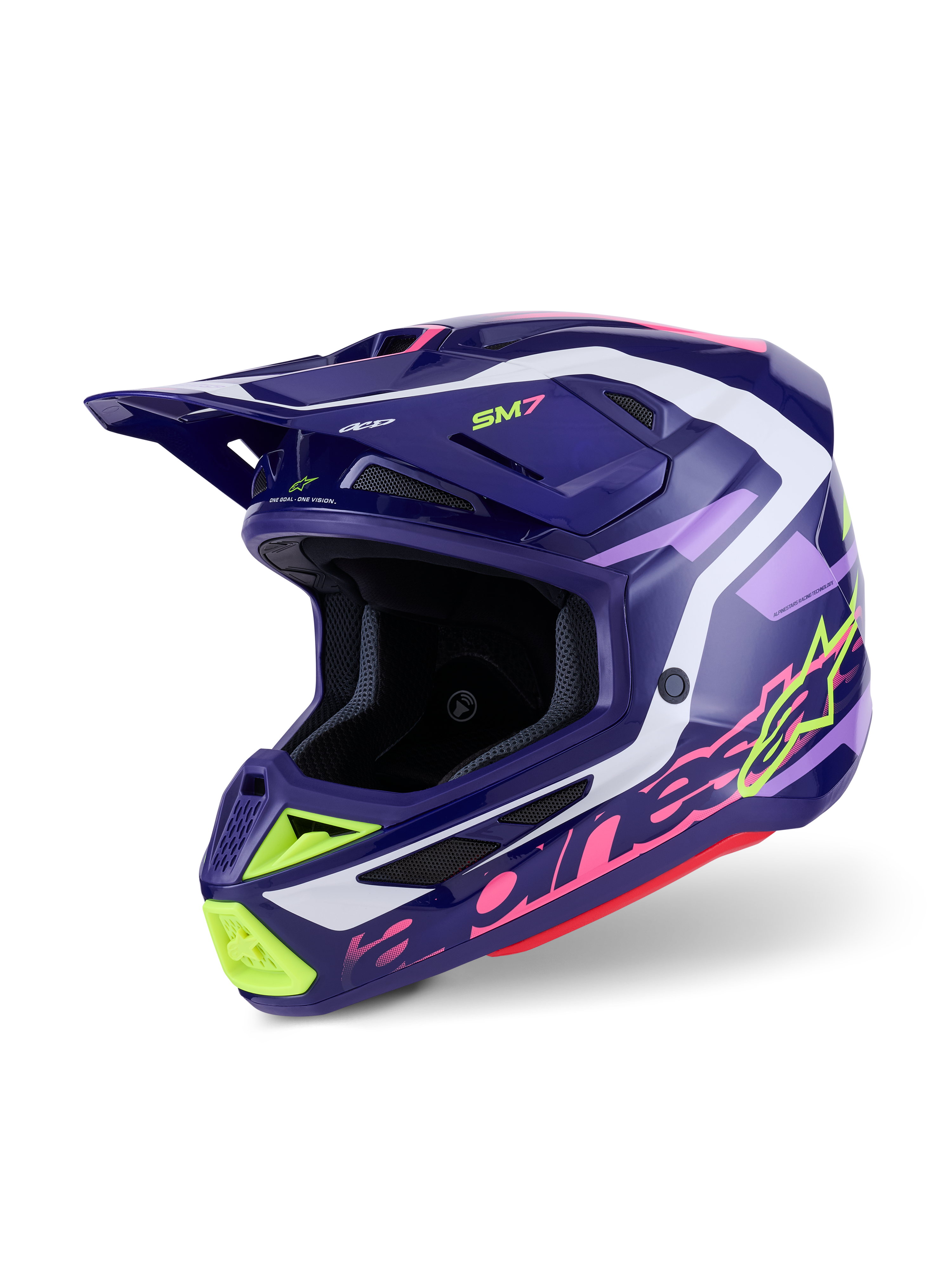 Alpinestars S-M7 Deed hjälm, motocrosshjälm, Purple Pink Glossy, mörklila bas med detaljer i neongult, rosa och vitt, aerodynamisk design med integrerade ventilationsöppningar och en framträdande skärm, högpresterande huvudskydd för terrängkörning