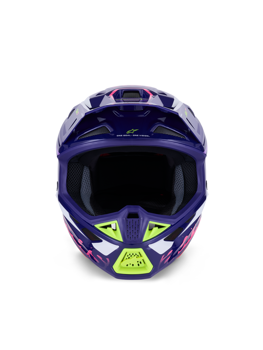 Alpinestars S-M7 Deed hjälm ECE 22.06, motocrosshjälm, glansig lila och rosa med limegröna och vita detaljer, vy framifrån som visar den breda öppningen för goggles och ventilationssystemet, aerodynamisk design i kompositskal för offroad-racing