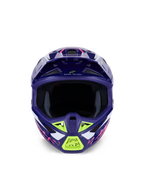 Alpinestars S-M7 Deed hjälm ECE 22.06, motocrosshjälm, glansig lila och rosa med limegröna och vita detaljer, vy framifrån som visar den breda öppningen för goggles och ventilationssystemet, aerodynamisk design i kompositskal för offroad-racing