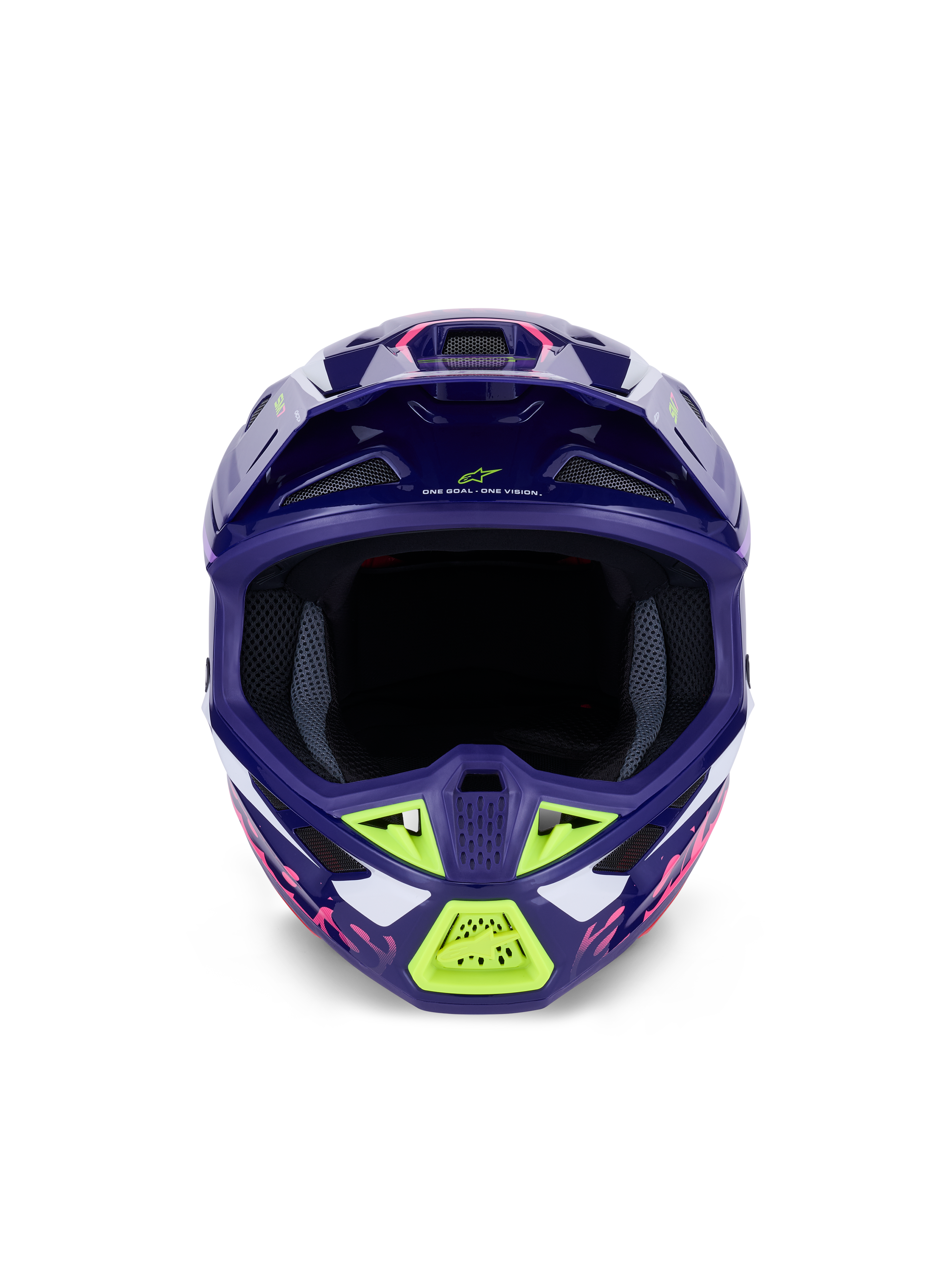Alpinestars S-M7 Deed hjälm ECE 22.06, motocrosshjälm, glansig lila och rosa med limegröna och vita detaljer, vy framifrån som visar den breda öppningen för goggles och ventilationssystemet, aerodynamisk design i kompositskal för offroad-racing
