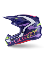 Alpinestars S-M7 Deed motocrosshjälm, Purple Pink Glossy, profilvy från sidan, med framträdande limegrön och rosa Alpinestars-grafik, aerodynamiskt skal med vita och ljuslila detaljer, glansig finish, designad för offroad-racing