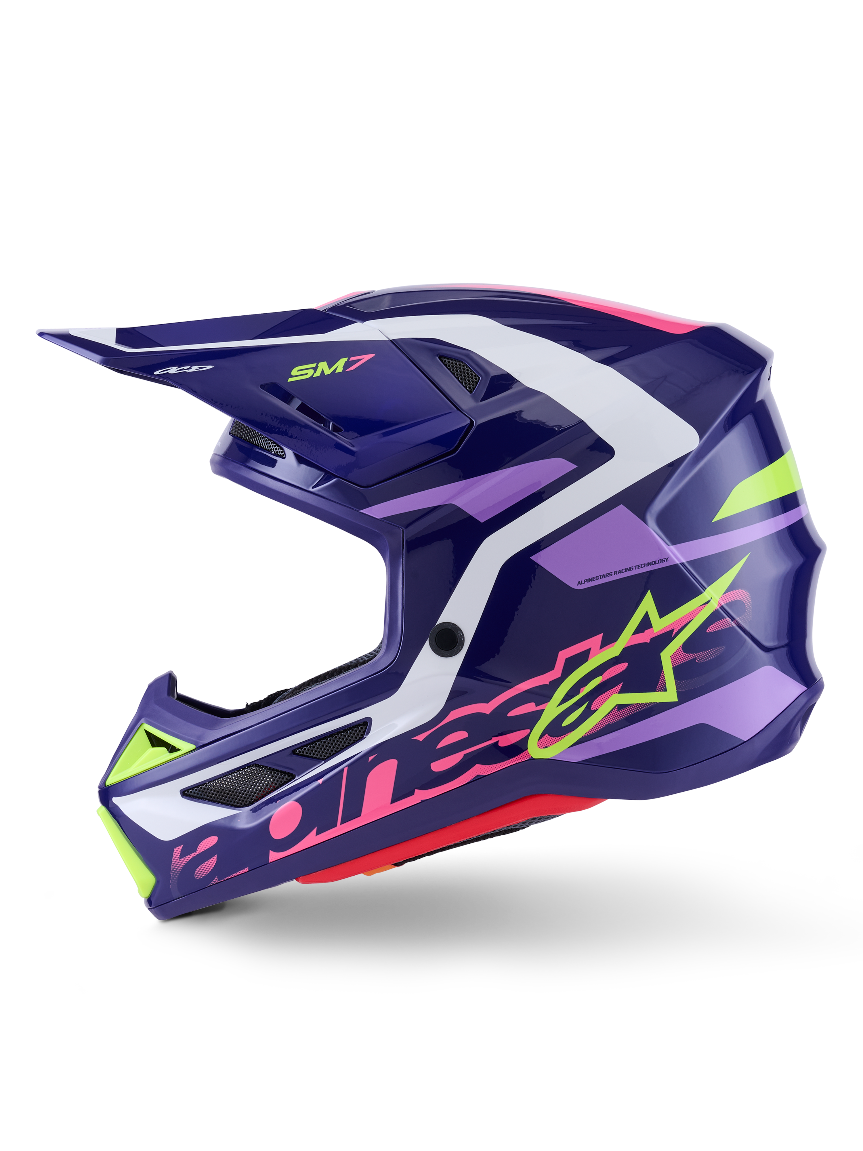 Alpinestars S-M7 Deed motocrosshjälm, Purple Pink Glossy, profilvy från sidan, med framträdande limegrön och rosa Alpinestars-grafik, aerodynamiskt skal med vita och ljuslila detaljer, glansig finish, designad för offroad-racing