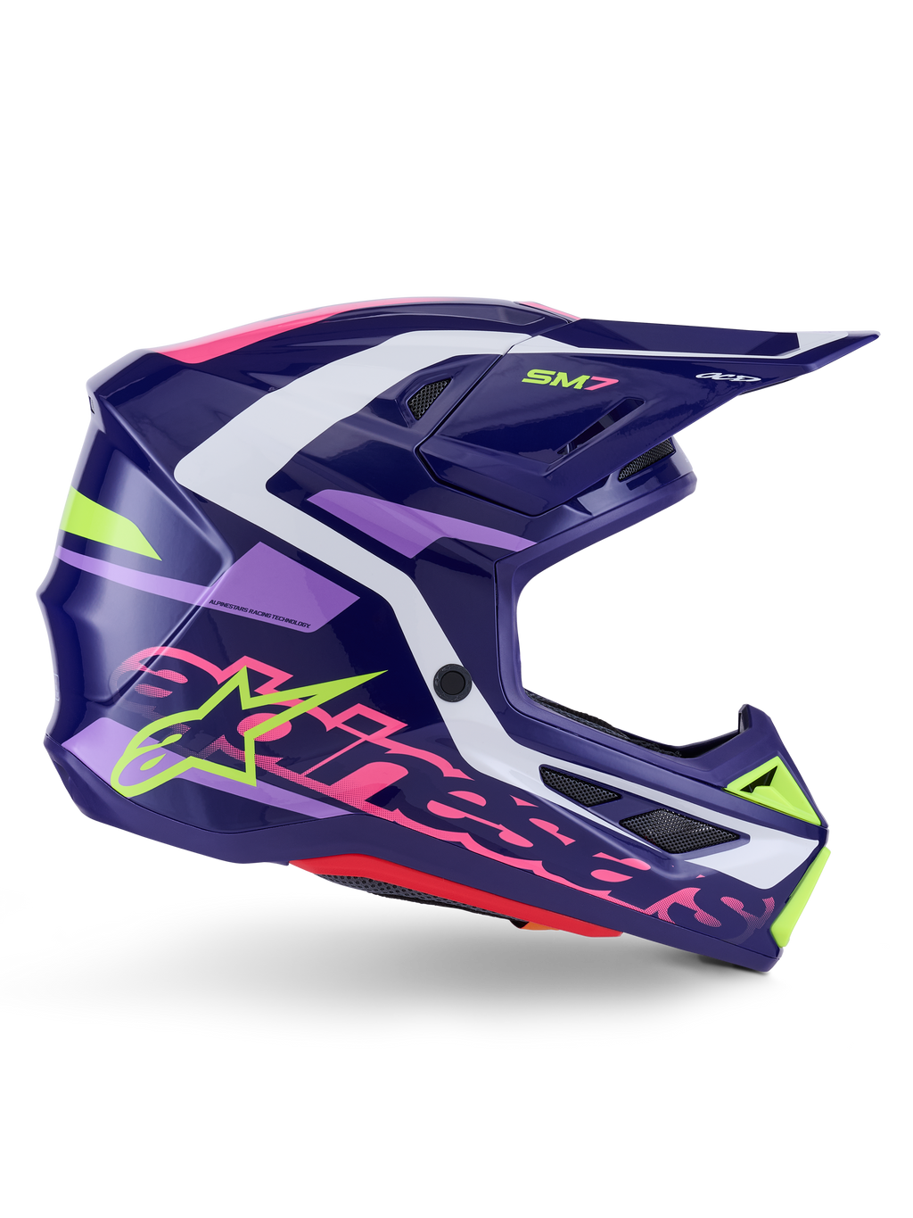 Alpinestars S-M7 Deed hjälm, motocrosshjälm, lila och rosa med glansig finish, sidoprofil, vita och limegröna grafiska detaljer, SM7-logotyp och tydlig Alpinestars-logotyp, aerodynamisk skaldesign i komposit för terrängkörning