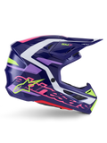 Alpinestars S-M7 Deed hjälm, motocrosshjälm, lila och rosa med glansig finish, sidoprofil, vita och limegröna grafiska detaljer, SM7-logotyp och tydlig Alpinestars-logotyp, aerodynamisk skaldesign i komposit för terrängkörning