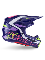 Alpinestars S-M7 Deed hjälm, motocrosshjälm, lila och rosa med glansig finish, sidoprofil, vita och limegröna grafiska detaljer, SM7-logotyp och tydlig Alpinestars-logotyp, aerodynamisk skaldesign i komposit för terrängkörning