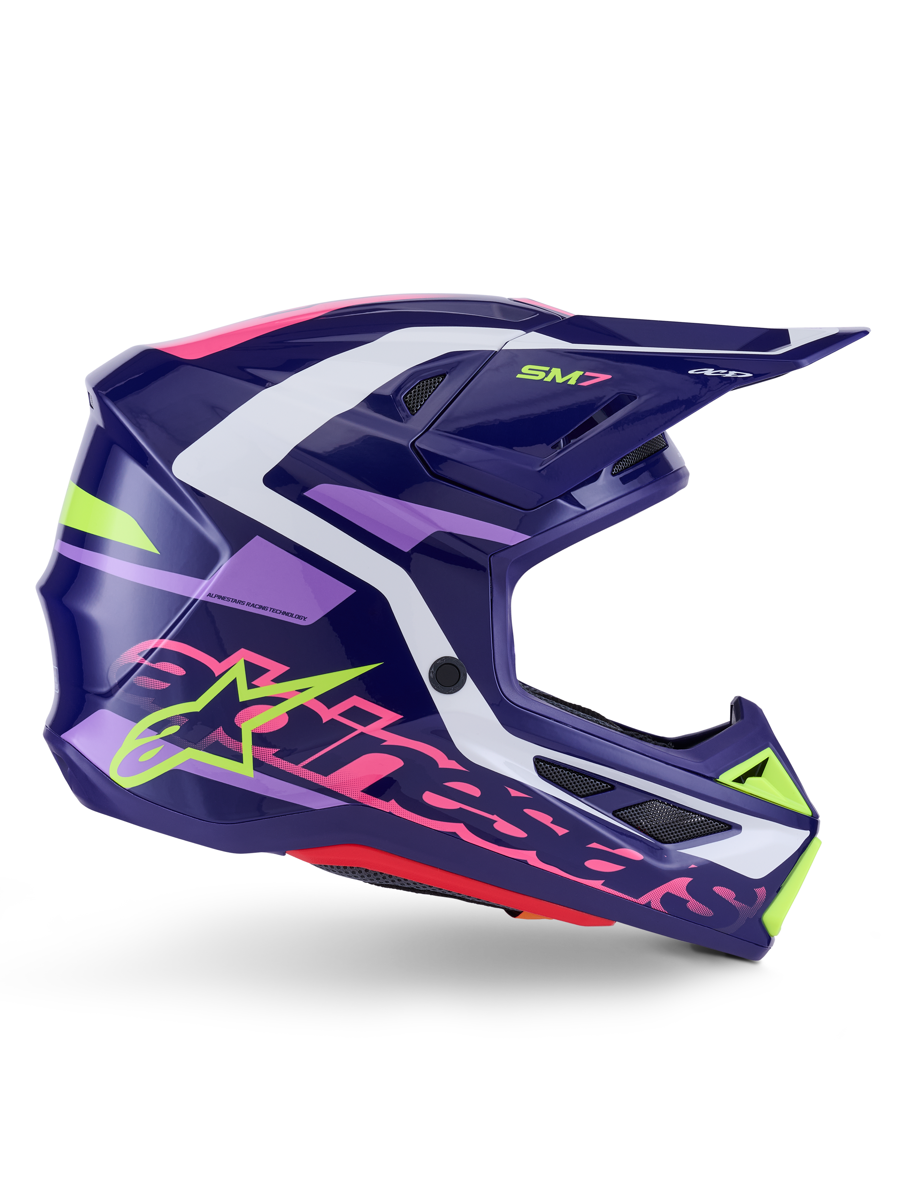 Alpinestars S-M7 Deed hjälm, motocrosshjälm, lila och rosa med glansig finish, sidoprofil, vita och limegröna grafiska detaljer, SM7-logotyp och tydlig Alpinestars-logotyp, aerodynamisk skaldesign i komposit för terrängkörning