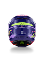 Alpinestars S-M7 Deed-hjälm ECE 22.06, motocrosshjälm, bakifrån i Purple Pink Glossy, med neongul och rosa grafik, aerodynamiskt kompositskal med SM7-branding och certifieringsmärkning, högpresterande utrustning för offroad-racing