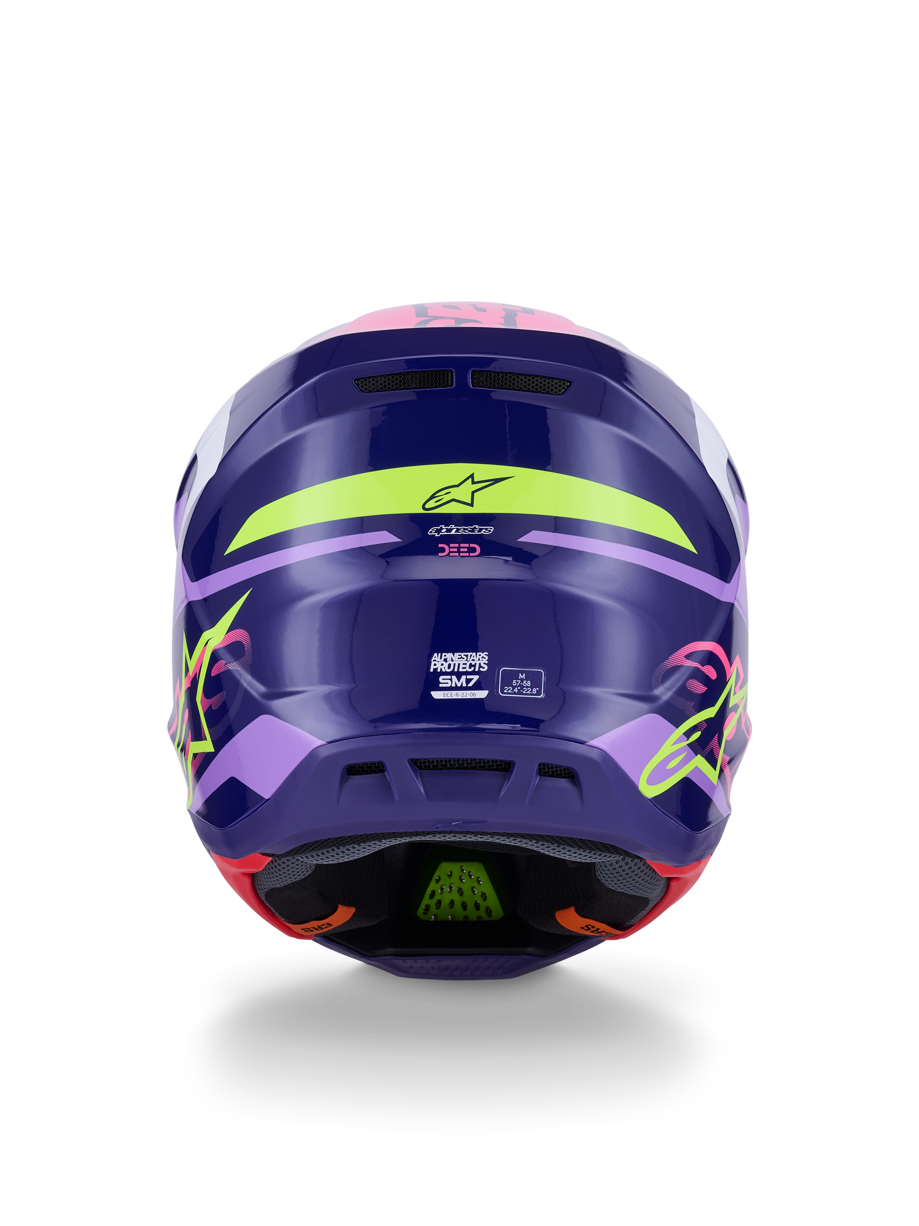 Alpinestars S-M7 Deed-hjälm ECE 22.06, motocrosshjälm, bakifrån i Purple Pink Glossy, med neongul och rosa grafik, aerodynamiskt kompositskal med SM7-branding och certifieringsmärkning, högpresterande utrustning för offroad-racing