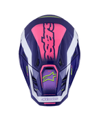 Alpinestars S-M7 Deed hjälm, vy uppifrån, Purple Pink Glossy, tydlig rosa logotyp på ovansidan, vita detaljer, limegröna logotyper, ventilationsöppningar, glansig finish, högpresterande motocrosskydd