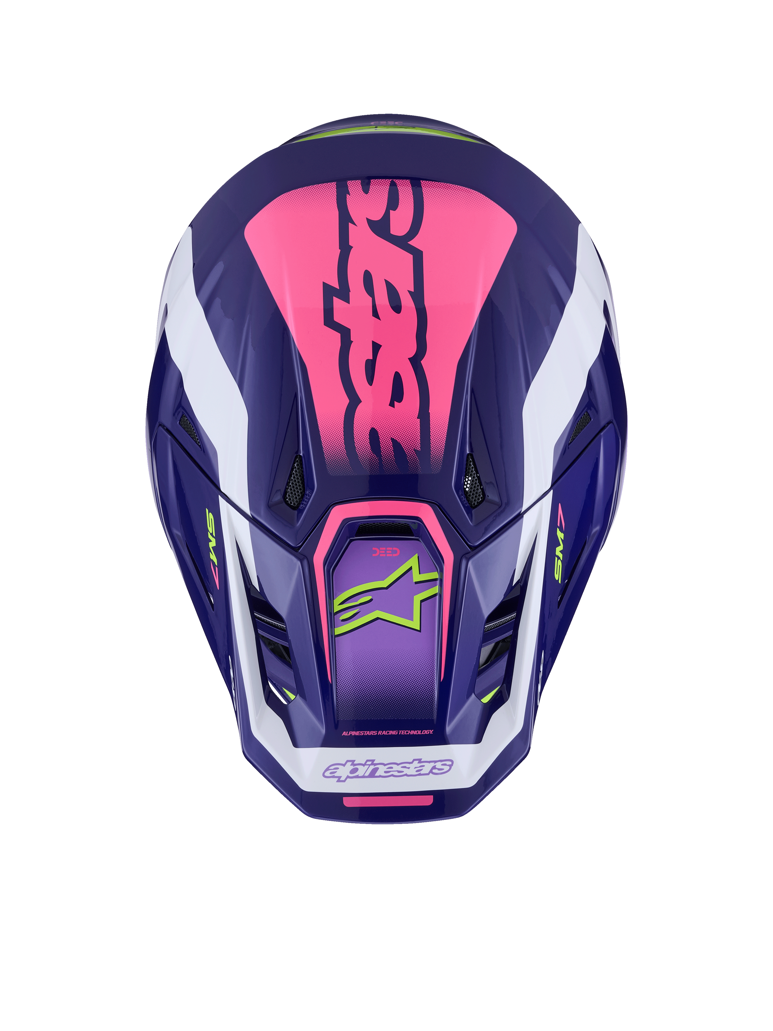 Alpinestars S-M7 Deed hjälm, vy uppifrån, Purple Pink Glossy, tydlig rosa logotyp på ovansidan, vita detaljer, limegröna logotyper, ventilationsöppningar, glansig finish, högpresterande motocrosskydd