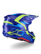 Alpinestars S-M7 Deed Helmet ECE 22.06, Motocross Helmet, Blue Yellow Fluo Glossy, side-rear view featuring a sleek aerodynamic shell profile, bold Alpinestars branding with bright neon yellow accents, high-performance ventilation ports, and a glossy finish for off-road racing.