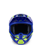 Alpinestars S-M7 Deed Helmet, Motocross Helmet, Blue Yellow Fluo Glossy, front-facing view highlighting the wide eye port and multiple mesh-covered air intakes, aerodynamic shell with neon yellow highlights and Alpinestars branding, professional off-road racing head protection
