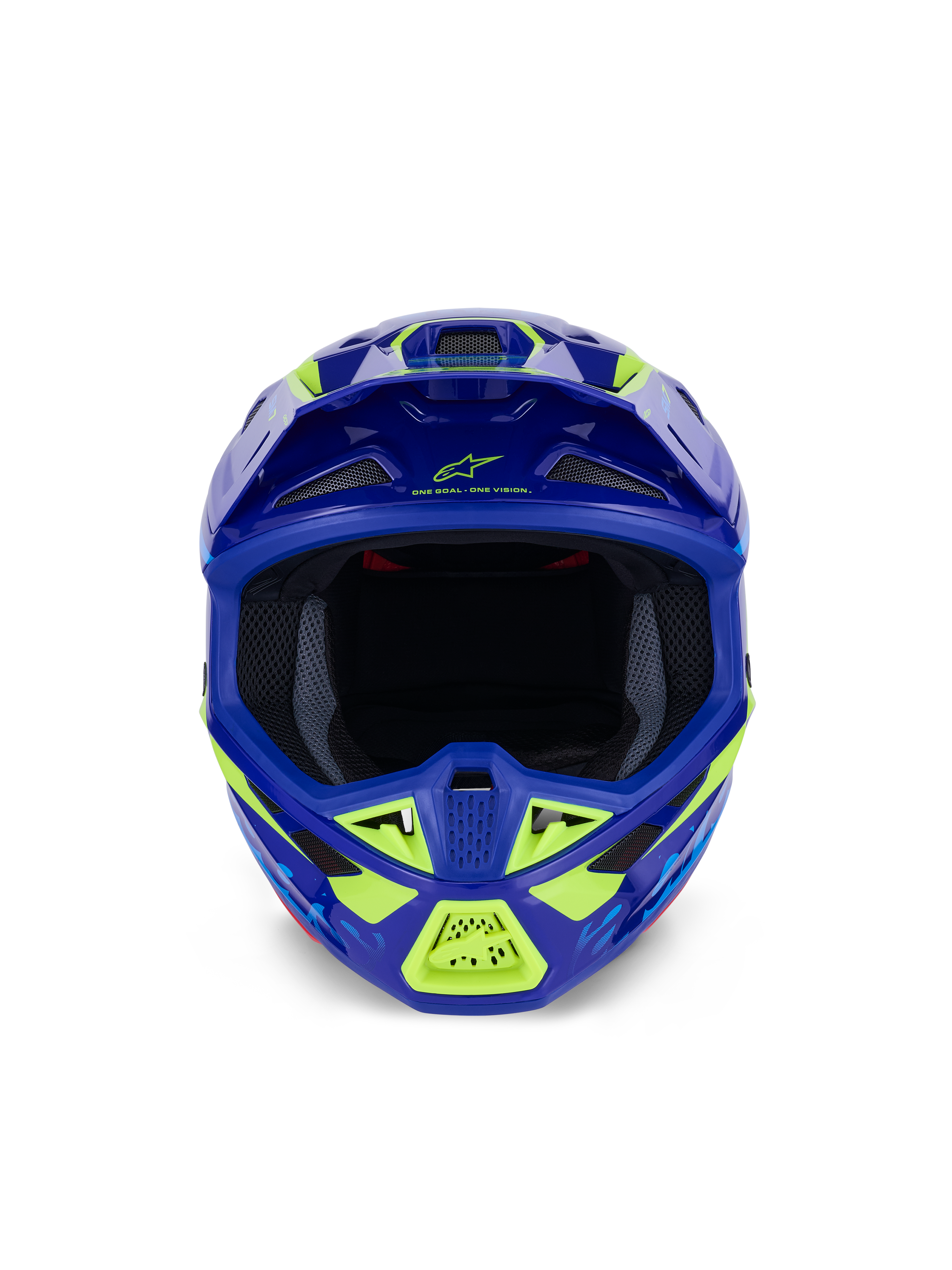 Alpinestars S-M7 Deed Helmet, Motocross Helmet, Blue Yellow Fluo Glossy, front-facing view highlighting the wide eye port and multiple mesh-covered air intakes, aerodynamic shell with neon yellow highlights and Alpinestars branding, professional off-road racing head protection