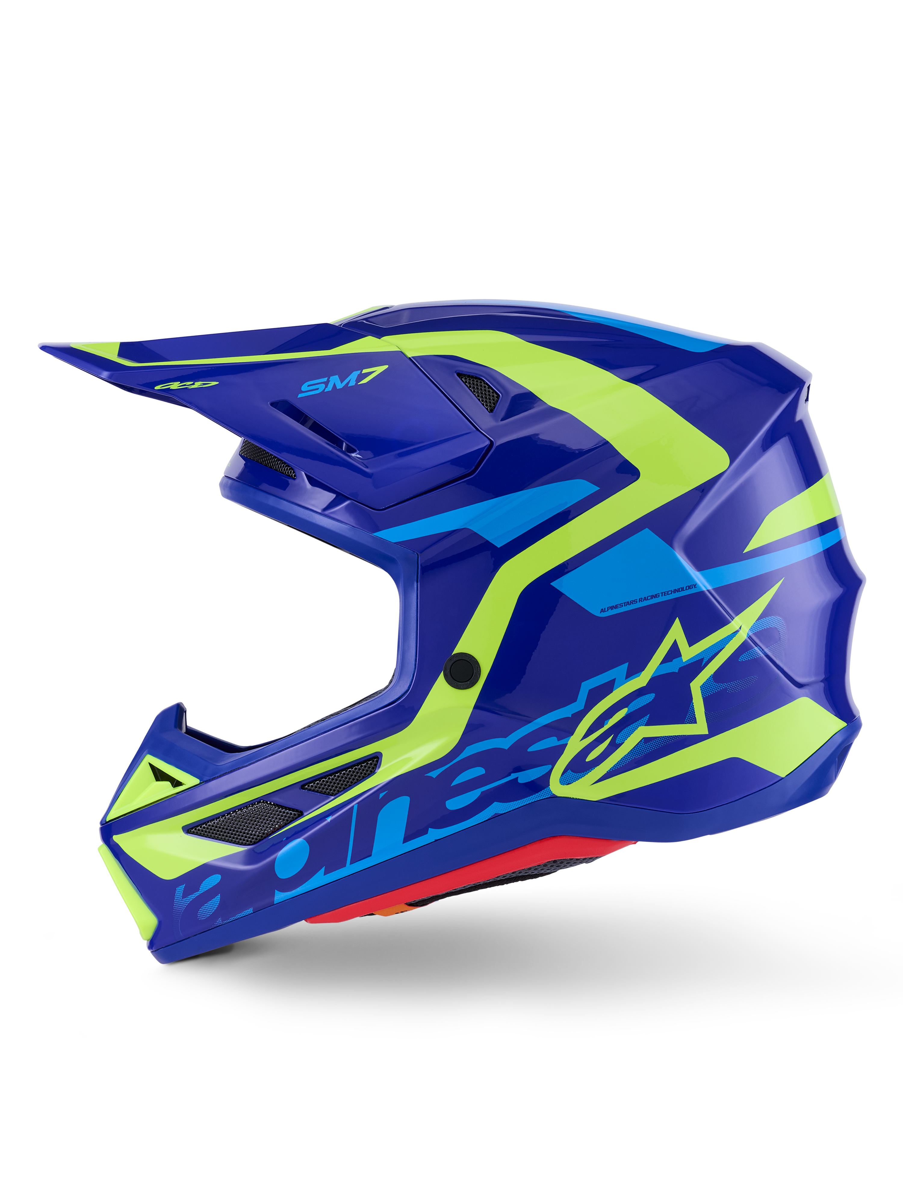 Alpinestars S-M7 Deed Helmet, Motocross Helmet, Blue Yellow Fluo Glossy, side view, sleek aerodynamic composite shell with vibrant yellow and light blue graphics, featuring mesh-covered ventilation ports and visor for off-road performance