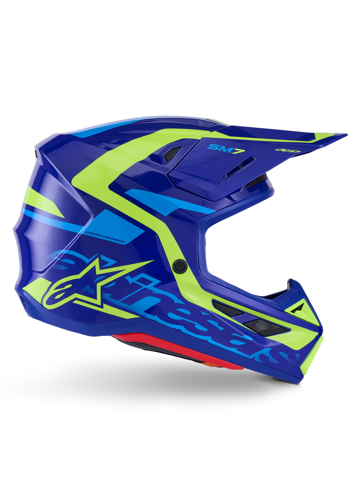 Alpinestars S-M7 Deed-hjälm ECE 22.06, motocrosshjälm, blå och neongul blank finish, sidoprofil med ett aerodynamiskt skal och tydlig Alpinestars-logotyp, klargula och ljusblå grafiska detaljer, flera ventilationsöppningar och integrerad visirdesign för elitnivå inom offroad-racing.