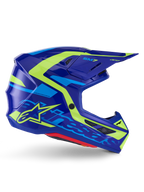 Alpinestars S-M7 Deed Helmet ECE 22.06, Motocross Helmet, Blue Yellow Fluo Glossy, side profile view featuring an aerodynamic shell with bold Alpinestars branding, bright yellow and light blue graphic accents, multiple ventilation ports, and integrated visor design for elite off-road racing