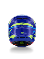 Alpinestars S-M7 Deed Helmet ECE 22.06, Motocross Helmet, Rear View, Blue Yellow Fluo Glossy, featuring bold fluorescent yellow graphics and star logos, rear exhaust ports, and visible internal padding with green PLASMA technology.