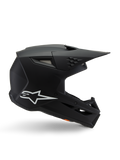 Alpinestars S-M3 Youth Solid Helmet, Motocross Helmet, Matte Black with White Star Logo, side profile view featuring an angular design, long visor, and integrated ventilation ports, ECE 22.06 certified
