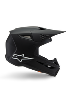 Alpinestars S-M3 Youth Solid Helmet, Motocross Helmet, Matte Black with White Star Logo, side profile view featuring an angular design, long visor, and integrated ventilation ports, ECE 22.06 certified