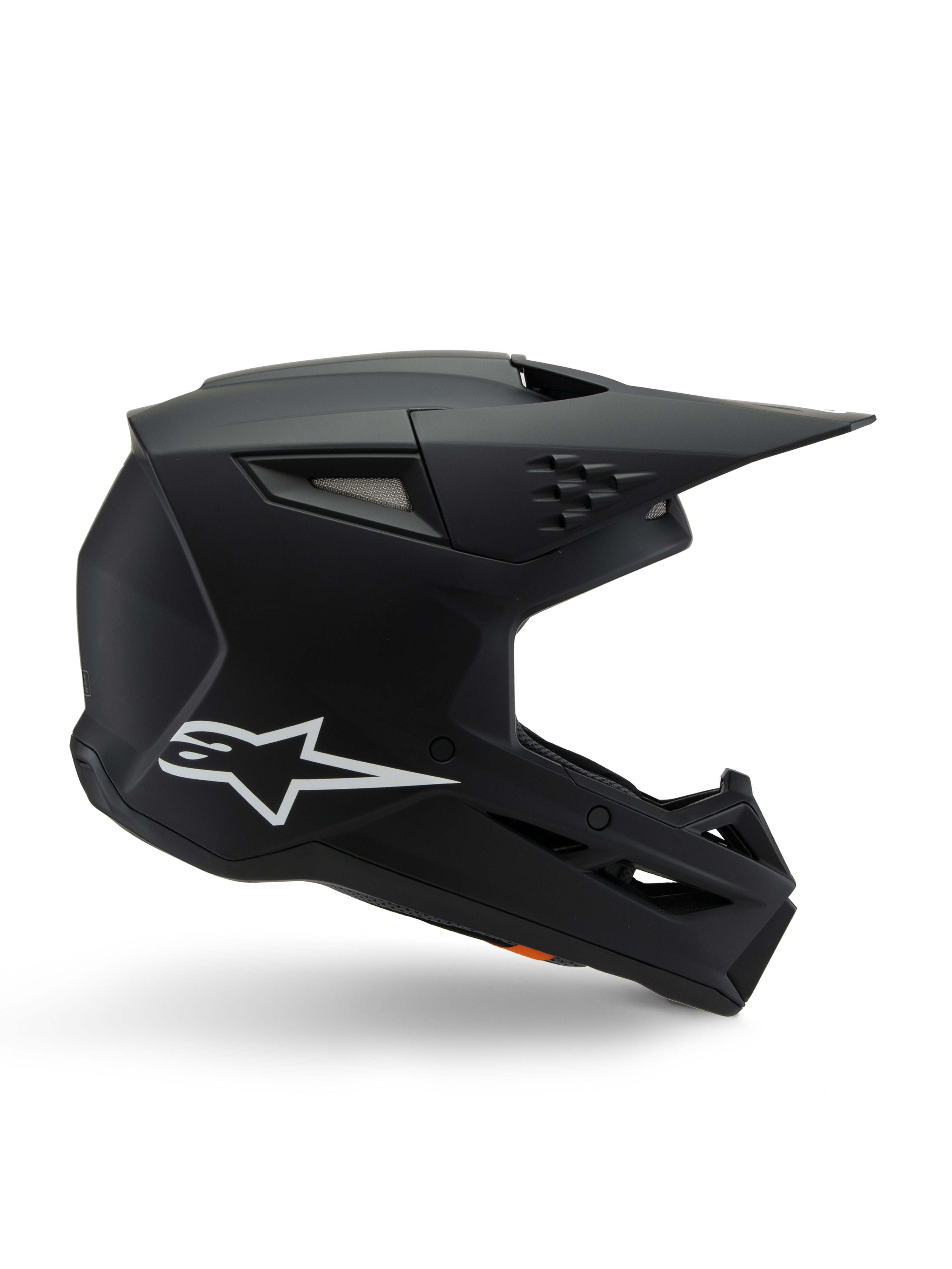 Alpinestars S-M3 Youth Solid-hjälm, motocrosshjälm, matt svart med vit stjärnlogotyp, profilvy från sidan med vinklad design, lång skärm och integrerade ventilationsöppningar, ECE 22.06-certifierad
