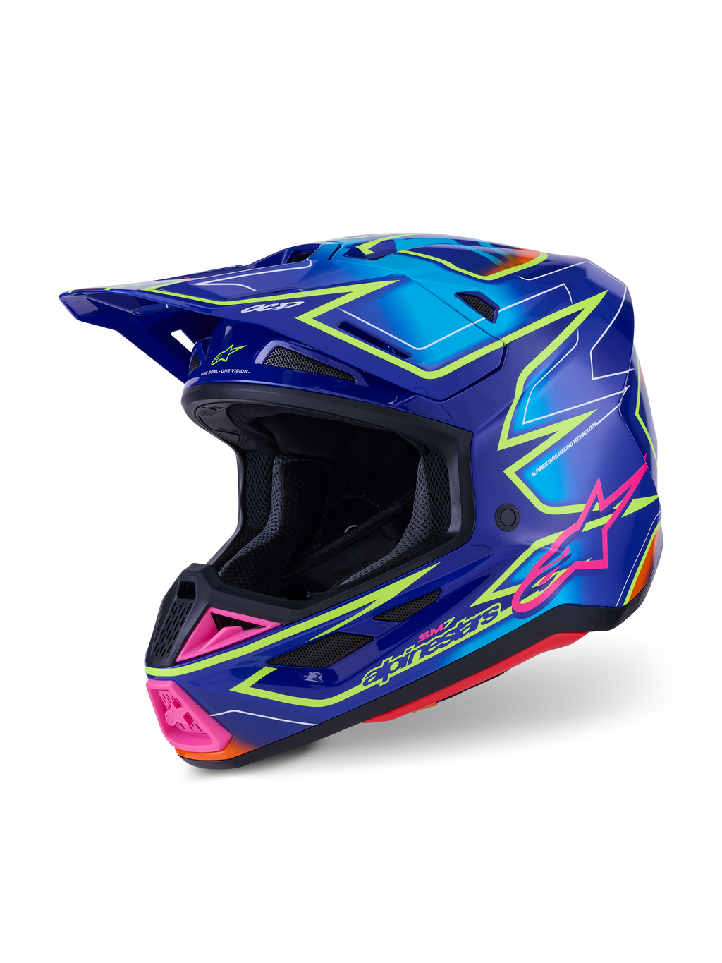 Alpinestars S-M7 Cast-hjälm ECE 22.06, motocrosshjälm, blå, rosa och neongul blank finish, trekvartsvy från sidan, aerodynamiskt skal med flera ventilationsöppningar, livfull grafisk design med rosa detaljer och neongula konturer.