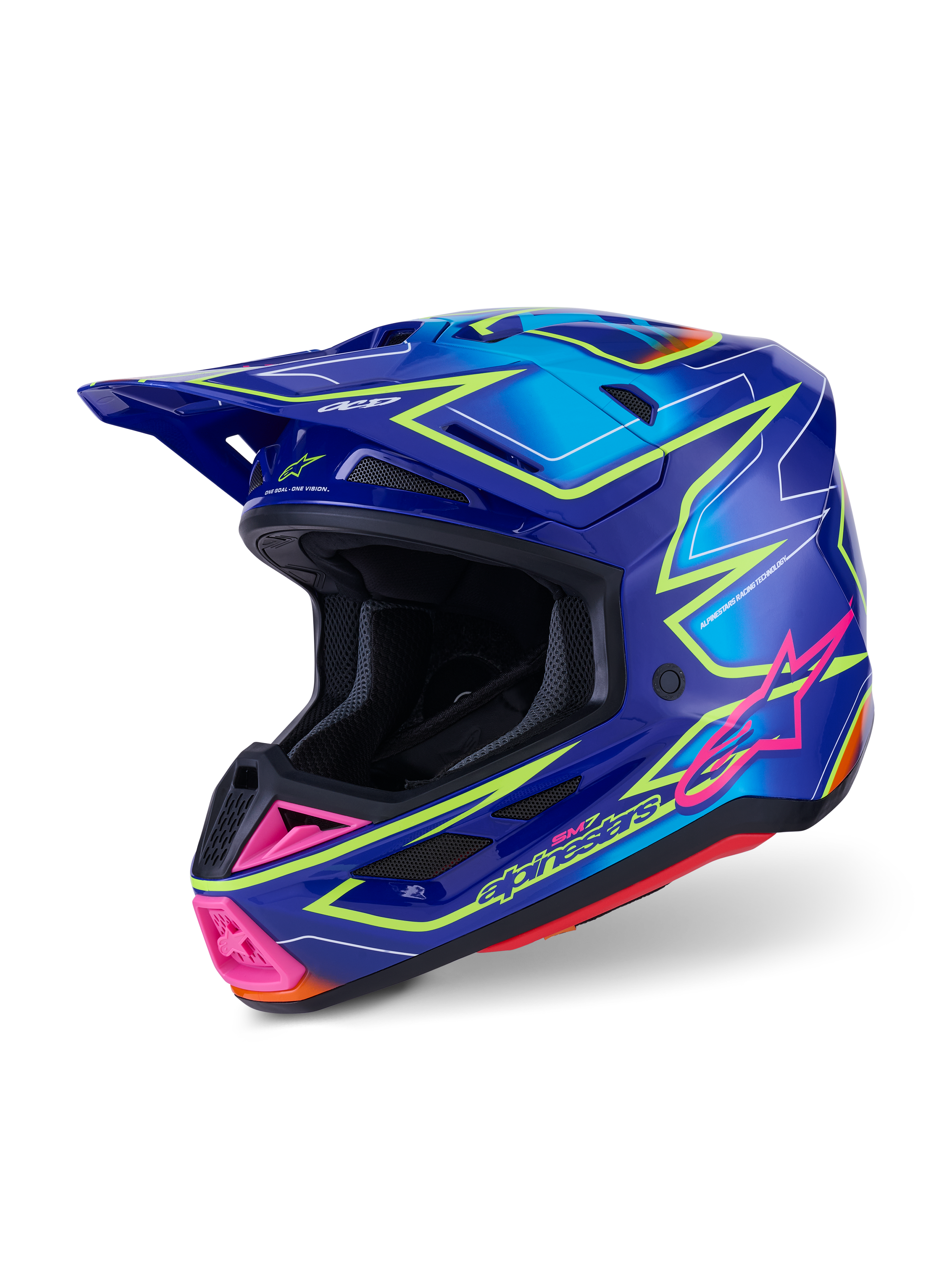 Alpinestars S-M7 Cast-hjälm ECE 22.06, motocrosshjälm, blå, rosa och neongul blank finish, trekvartsvy från sidan, aerodynamiskt skal med flera ventilationsöppningar, livfull grafisk design med rosa detaljer och neongula konturer.