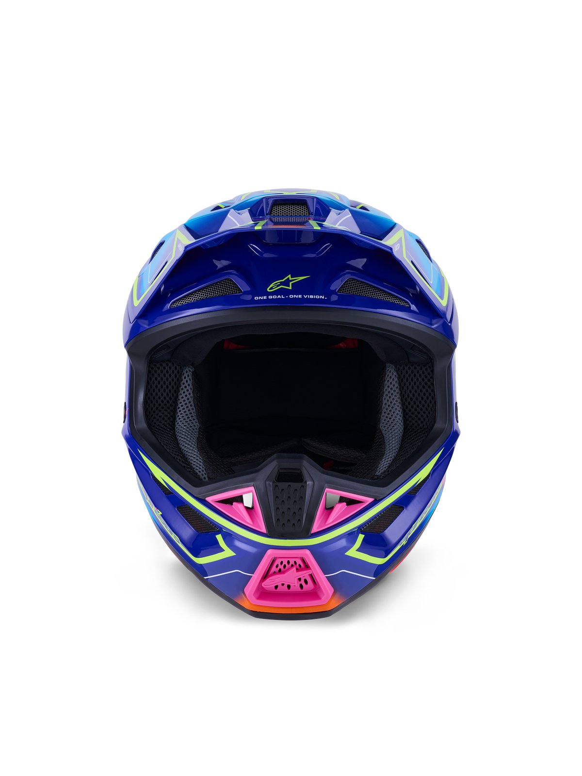 Alpinestars S-M7 Cast Hjälm ECE 22.06, motocrosshjälm, blå, rosa och gul fluo glossy, vy framifrån som visar ett aggressivt aerodynamiskt skal, ventilerat hakskydd med rosa accenter och bred siktöppning för terrängkörning