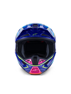 Alpinestars S-M7 Cast Hjälm ECE 22.06, motocrosshjälm, blå, rosa och gul fluo glossy, vy framifrån som visar ett aggressivt aerodynamiskt skal, ventilerat hakskydd med rosa accenter och bred siktöppning för terrängkörning