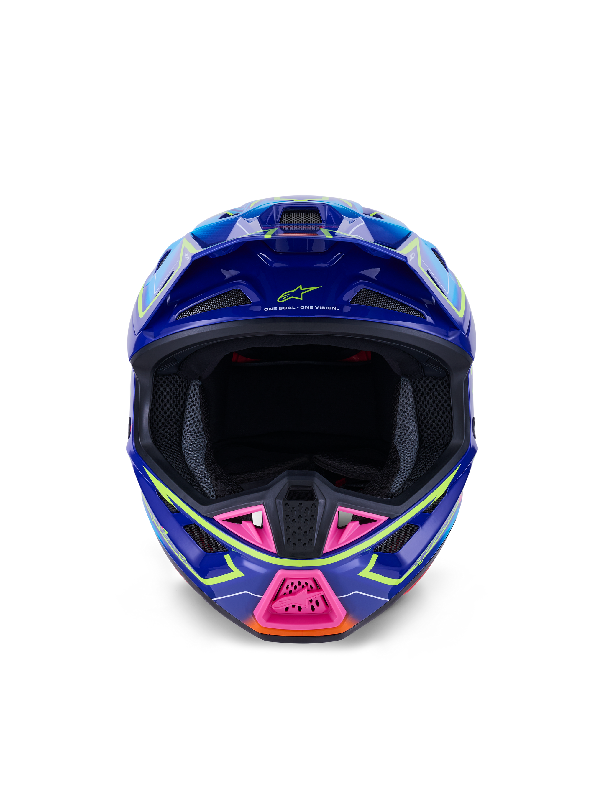 Alpinestars S-M7 Cast Hjälm ECE 22.06, motocrosshjälm, blå, rosa och gul fluo glossy, vy framifrån som visar ett aggressivt aerodynamiskt skal, ventilerat hakskydd med rosa accenter och bred siktöppning för terrängkörning