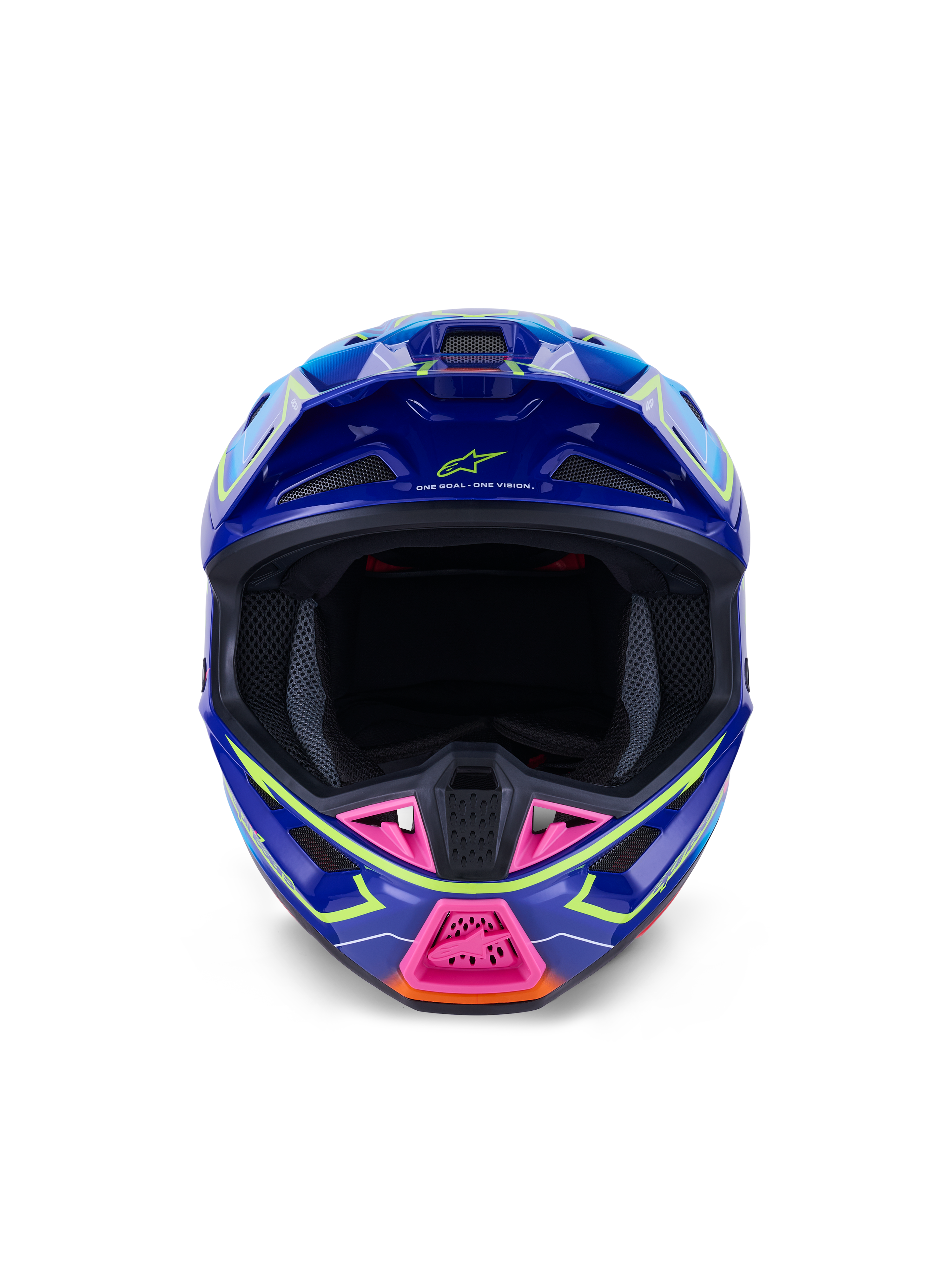 Alpinestars S-M7 Cast Hjälm ECE 22.06, motocrosshjälm, blå, rosa och gul fluo glossy, vy framifrån som visar ett aggressivt aerodynamiskt skal, ventilerat hakskydd med rosa accenter och bred siktöppning för terrängkörning