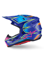 Alpinestars S-M7 Cast hjälm, motocrosshjälm, blå med rosa och neongula glansiga detaljer, profilvy som visar det aerodynamiska kompositskalet, integrerade ventilationsportar, rosa stjärnlogotyp och gul logotyp, konstruerad för skydd vid terrängkörning.