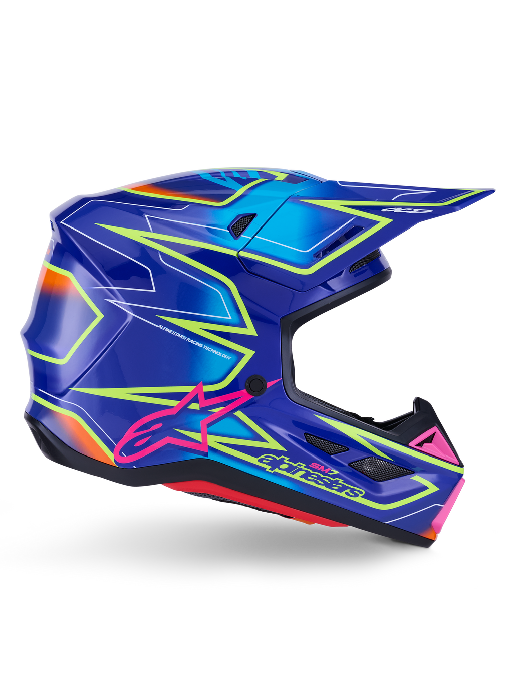 Alpinestars S-M7 Cast Helmet, motocrosshjälm, blå, rosa och neongul glansig finish, sidoprofil med framträdande geometriska mönster, rosa Alpinestars-logotyp och ventilerat aerodynamiskt skal.