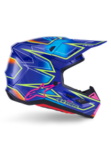 Alpinestars S-M7 Cast Helmet, motocrosshjälm, blå, rosa och neongul glansig finish, sidoprofil med framträdande geometriska mönster, rosa Alpinestars-logotyp och ventilerat aerodynamiskt skal.