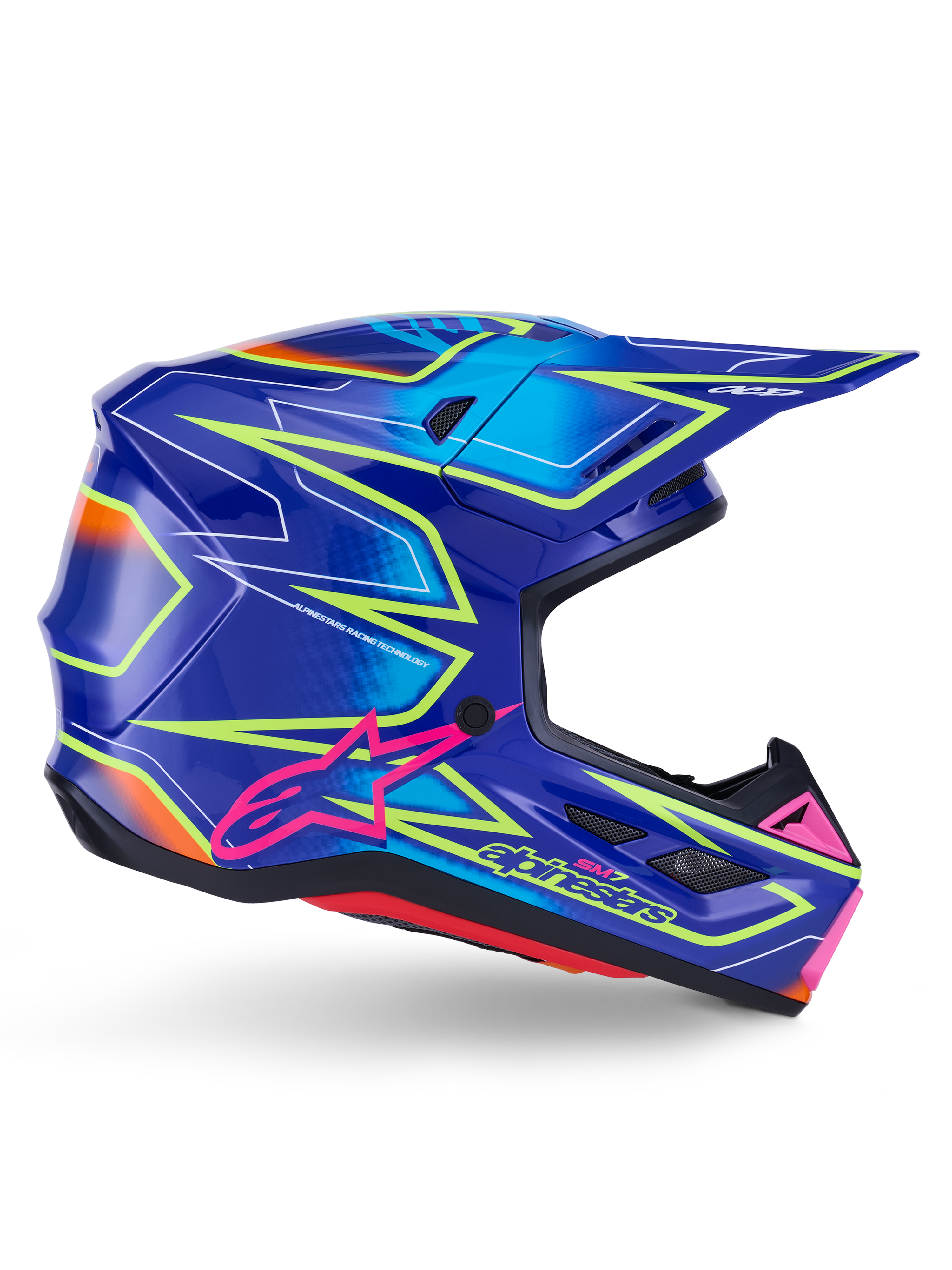 Alpinestars S-M7 Cast Helmet, motocrosshjälm, blå, rosa och neongul glansig finish, sidoprofil med framträdande geometriska mönster, rosa Alpinestars-logotyp och ventilerat aerodynamiskt skal.