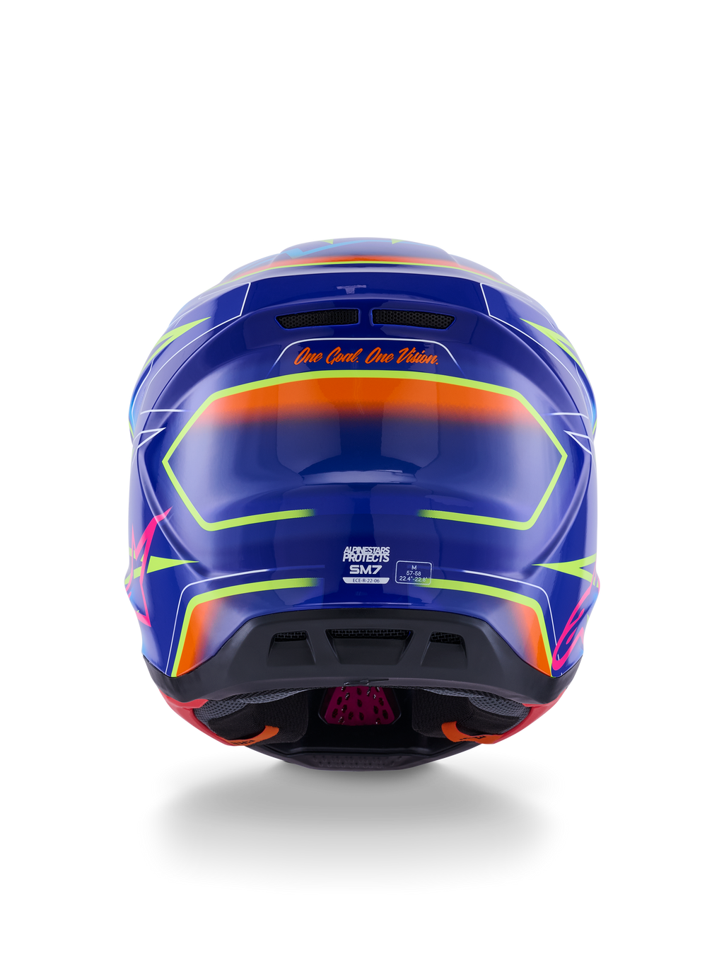 Alpinestars S-M7 Cast-hjälm ECE 22.06, motocrosshjälm, blå, rosa och neongul blank finish, vy bakifrån som visar sloganen 'One Goal. One Vision.', aerodynamiskt kompositskal med integrerade ventilationsportar och livfulla neonaccenter