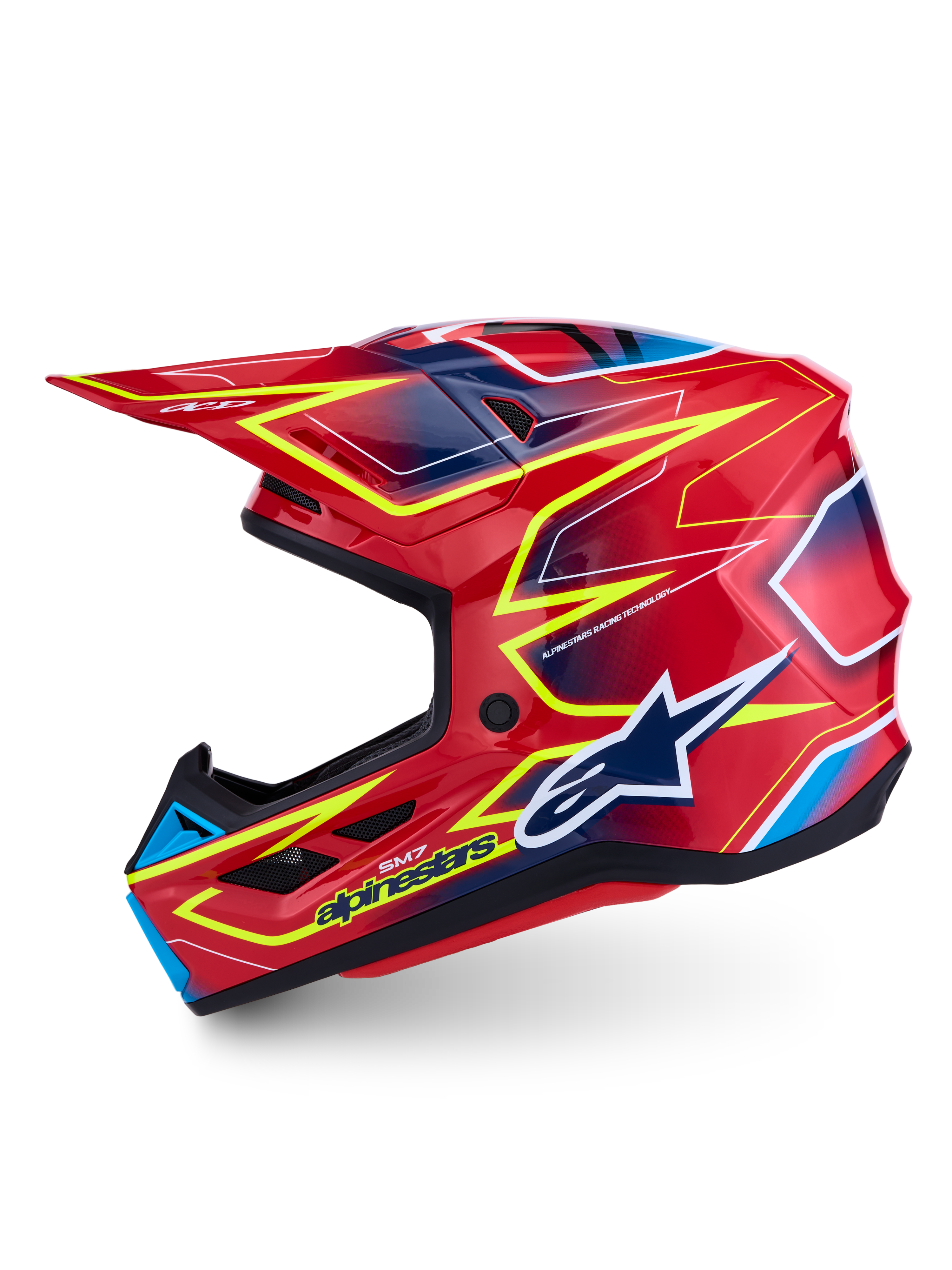 Alpinestars S-M7 Cast Motocross Helmet, red with fluo yellow and blue graphics, glossy composite shell, ECE 22.06 certified.