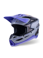 Alpinestars S-M3 Jettson-hjälm ECE 22.06, motocrosshjälm, grå, lila och svart blank, trekvartsvy framifrån med lila skärm, svarta detaljer och flera ventilationsöppningar för terrängkörning.