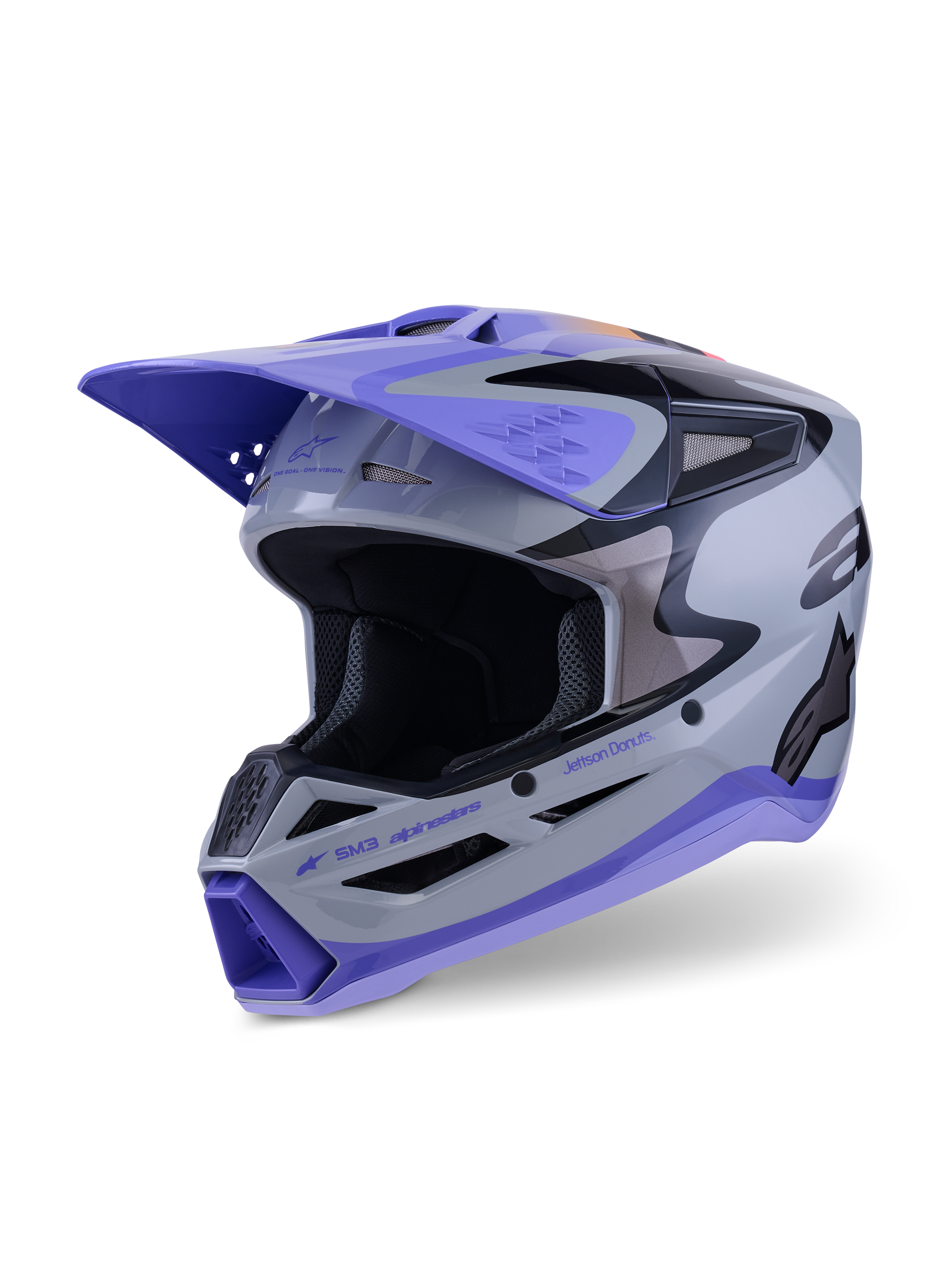 Alpinestars S-M3 Jettson-hjälm ECE 22.06, motocrosshjälm, grå, lila och svart blank, trekvartsvy framifrån med lila skärm, svarta detaljer och flera ventilationsöppningar för terrängkörning.