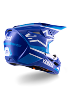 Alpinestars Yamaha S-M3-hjälm ECE 22.06, motocrosshjälm, blå och vit glansig, med Yamaha- och Alpinestars-logotyper, vit stjärnlogotyp på sidan, flera luftintag och utloppsventiler, aerodynamisk design för terrängprestanda