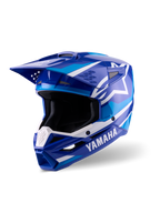 Alpinestars Yamaha S-M3-hjälm, motocrosshjälm, blå och vit glansig, med tydlig Yamaha-profilering och Alpinestars stjärnlogotyp, kantig design med skärm och ventilerat hakskydd, professionell utrustning för terrängkörning