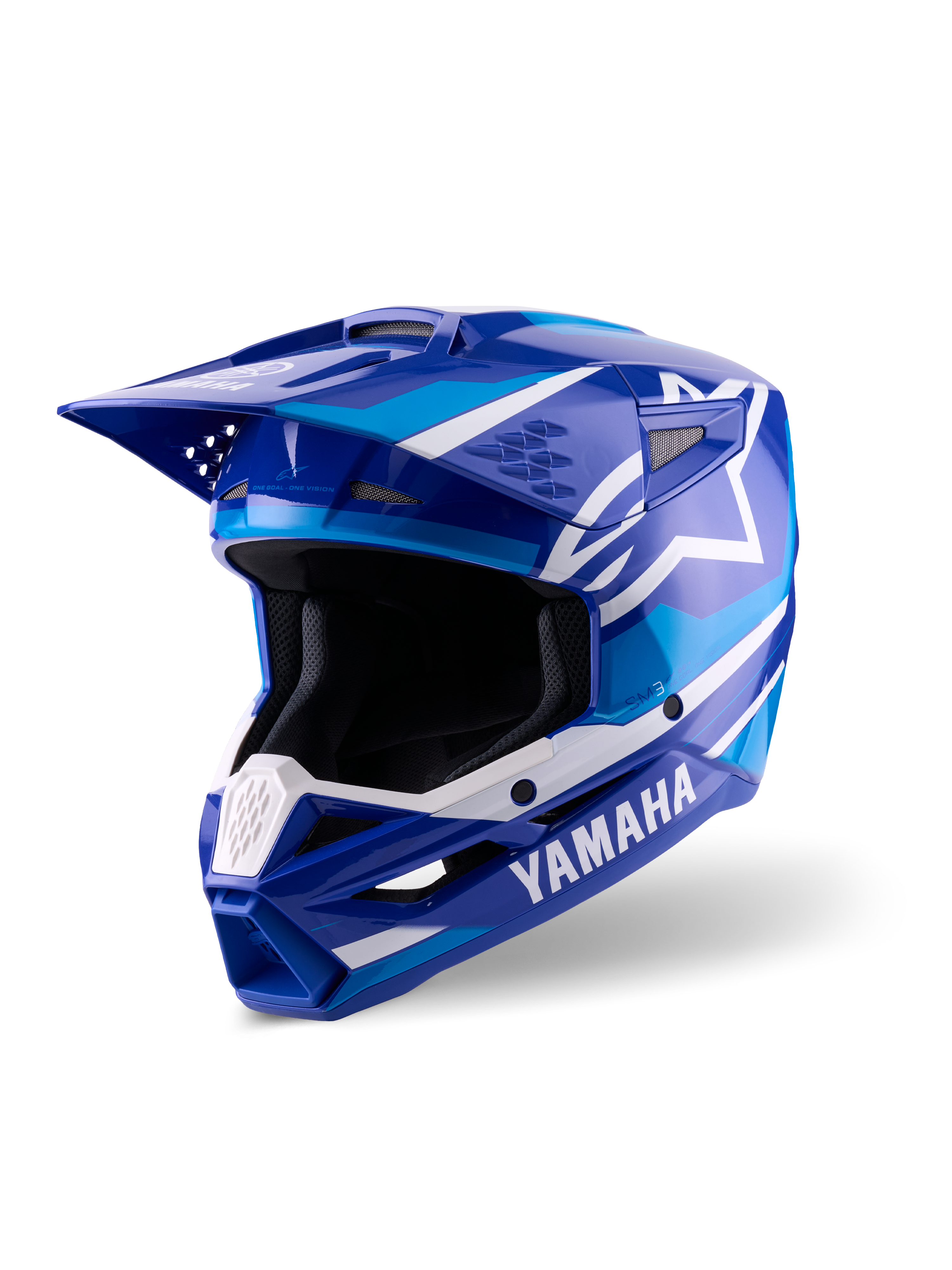 Alpinestars Yamaha S-M3-hjälm, motocrosshjälm, blå och vit glansig, med tydlig Yamaha-profilering och Alpinestars stjärnlogotyp, kantig design med skärm och ventilerat hakskydd, professionell utrustning för terrängkörning