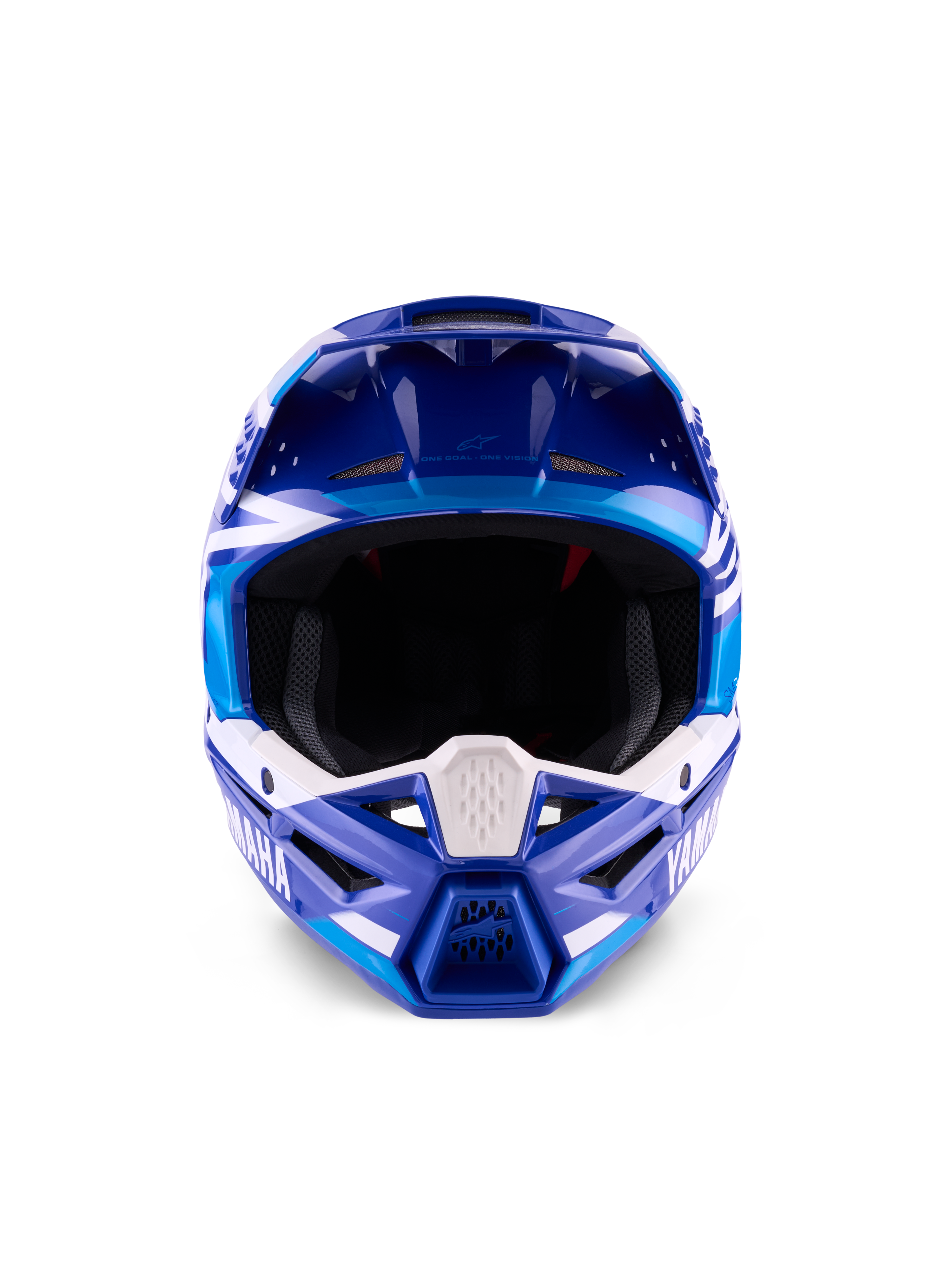 Yamaha S-M3 Hjälm ECE 22.06, motocrosshjälm, blå och vit glansig finish, vy framifrån som framhäver det skyddande hakpartiet med Yamaha-branding och flera ventilationsöppningar.